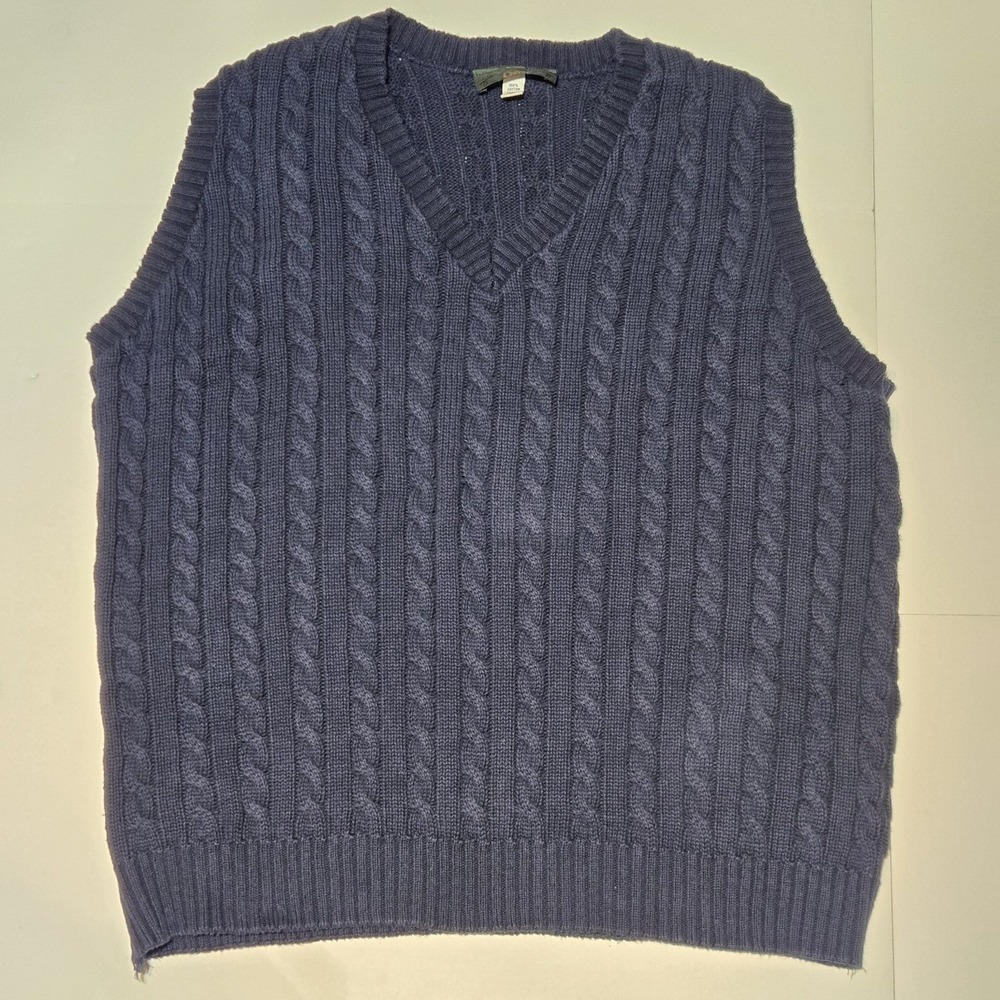 VTG Orvis Men's XL Navy Blue Cable Knit Sweater Vest 100% Cotton Pull Over USA